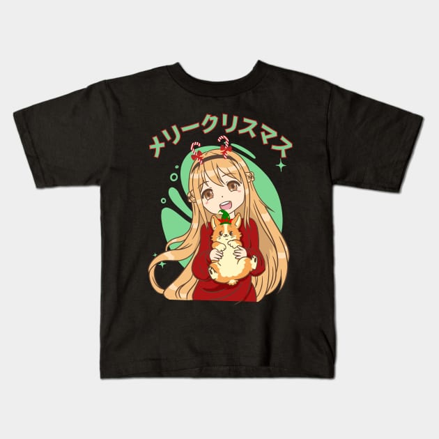 Kawaii Anime Blonde Girl And Corgi Christmas Kids T-Shirt by Sugoi Otaku Gifts